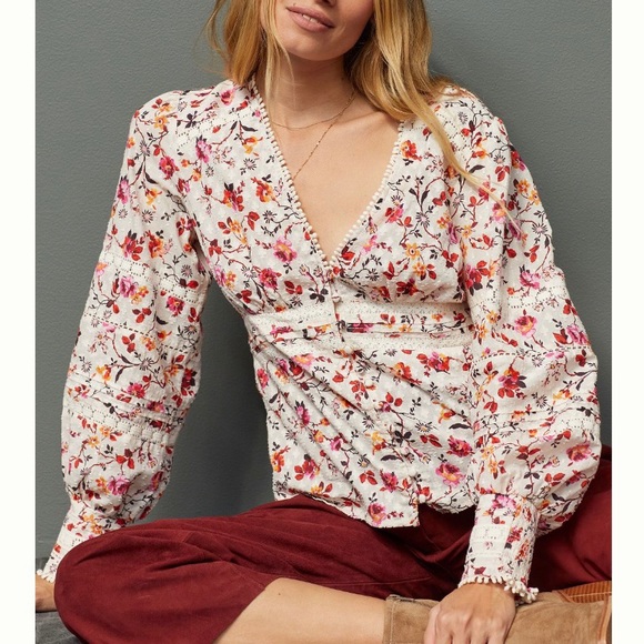 Anthropologie Puff Sleeved Lace Buttondown - Picture 1 of 6